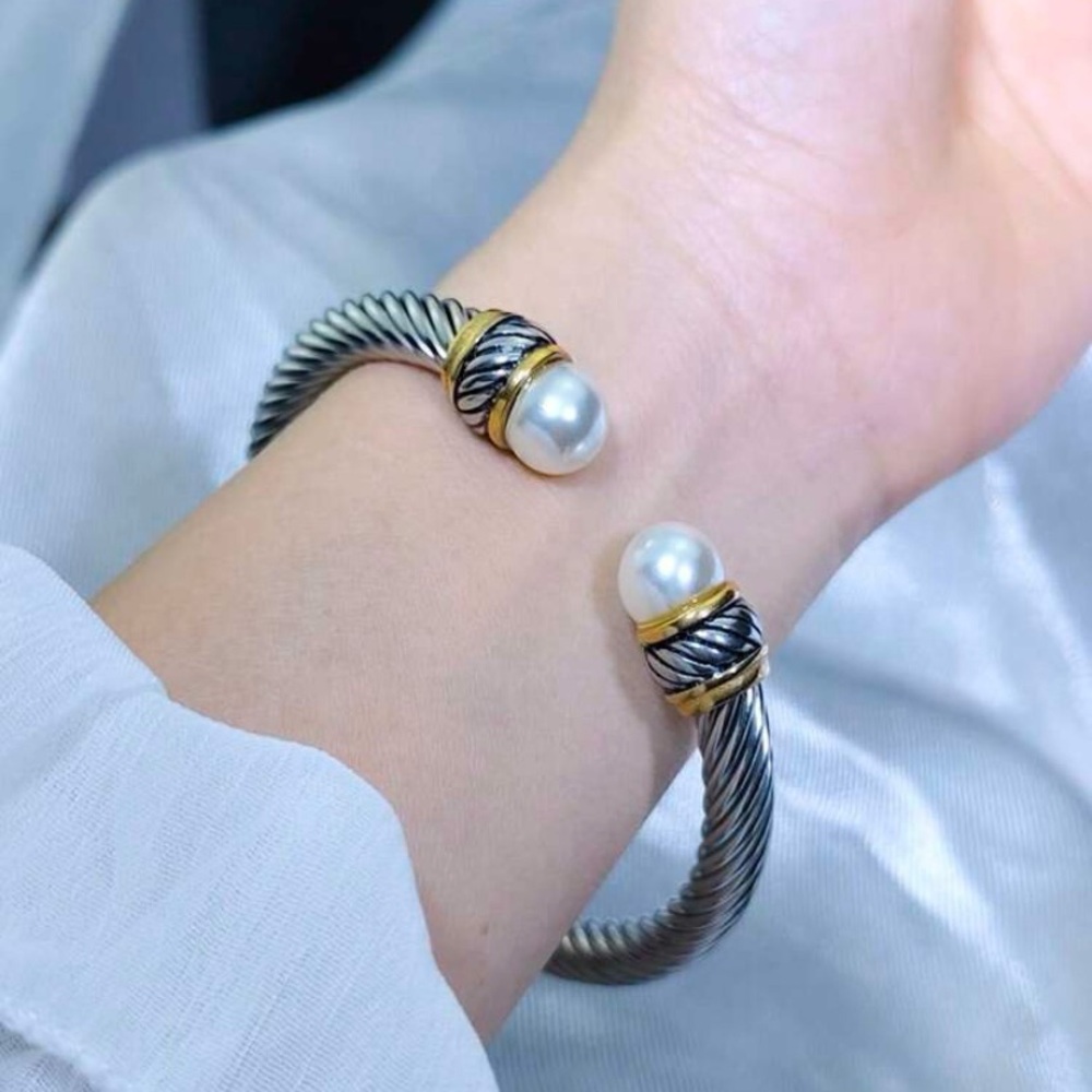 Elegant Two-Tone Pearl Cable Cuff Bracelet